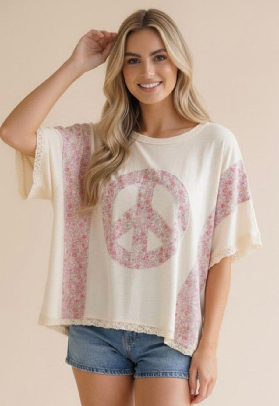Butter Yellow Boho Peace Sign Lace Trim Short Sleeve Top